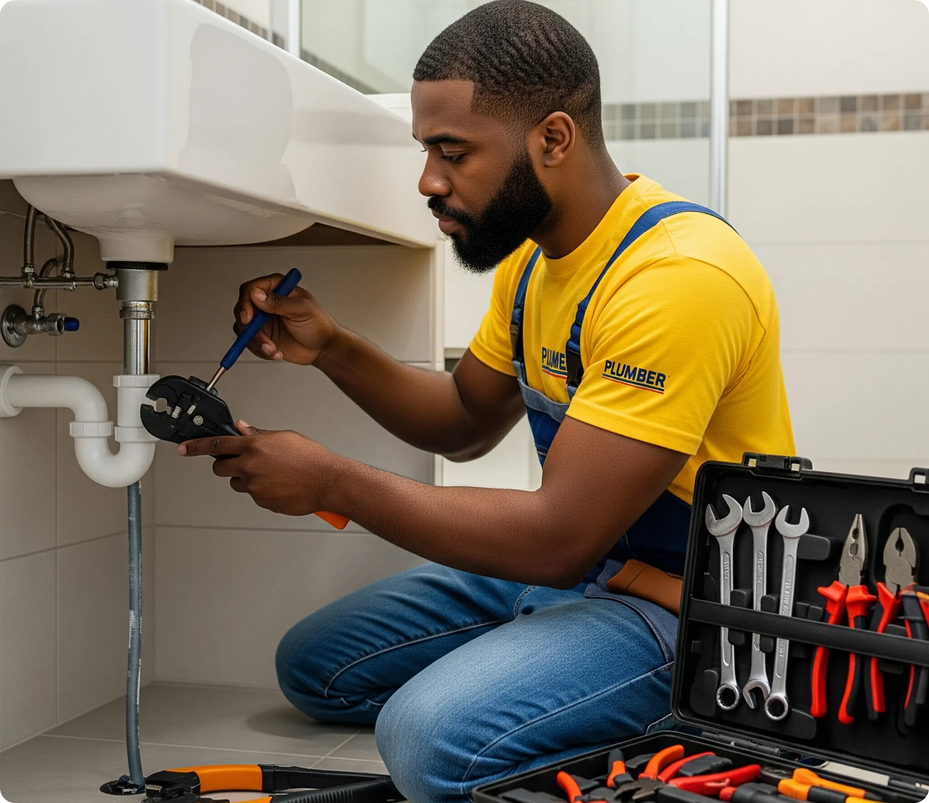 Plumber repairing kitchen appliance